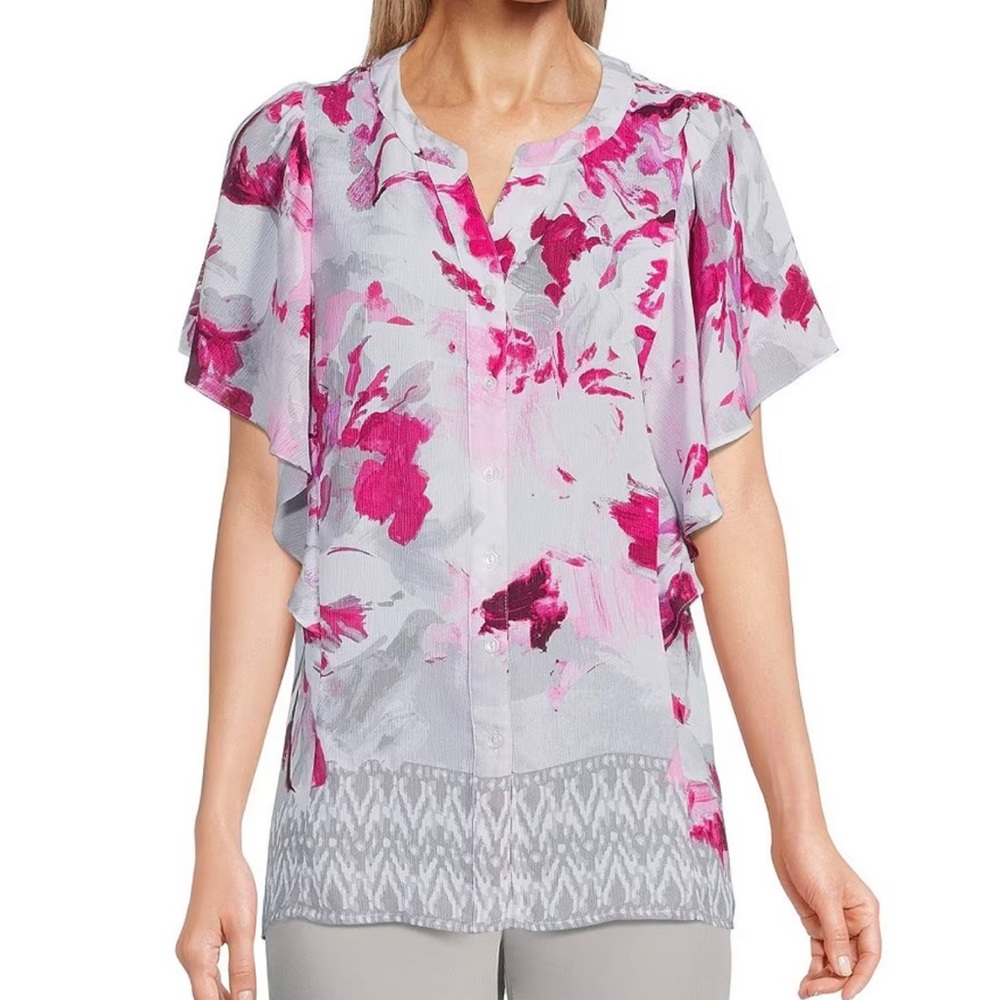 Allison Daley Flutter Sleeve button front top,beautiful pink/grey/white, 3X